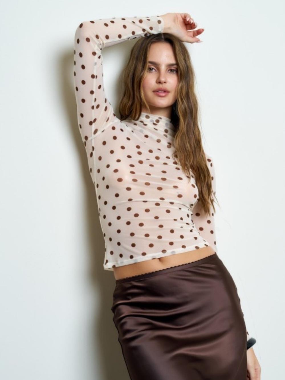 A581. Sheer Polka Dot Long-Sleeve Mesh Mock Neck Top - Cream with Brown Dots